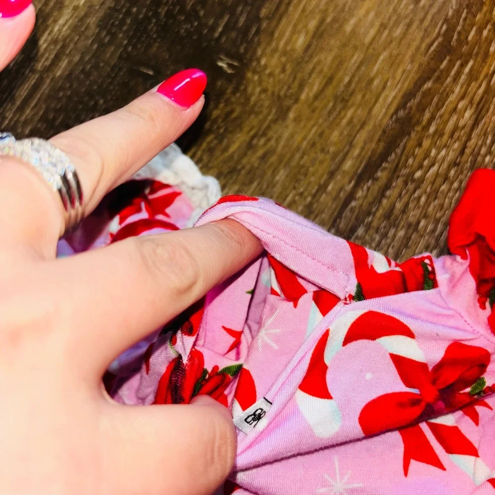 Bums & Roses Bamboo Pink Holiday Bow Print Twirl Dress